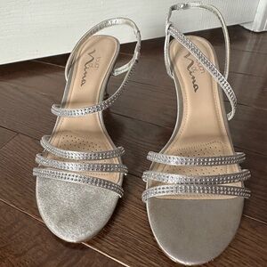 Open toe silver bedazzled kitten heels!! worn once in great condition.